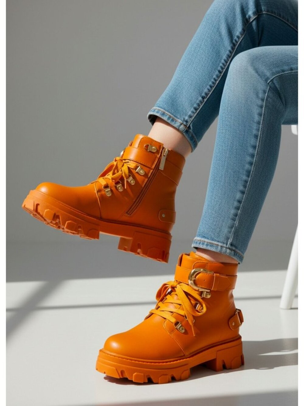 Chunky Tan Combat Boots With Gold Buckles & Side Zippers For Women Modern Style